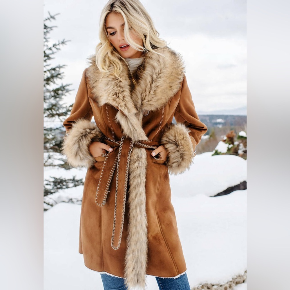 Donna Salyers Fabulous Furs Tobacco Faux Fur Fox Collar Faux Suede Dakota Coat L